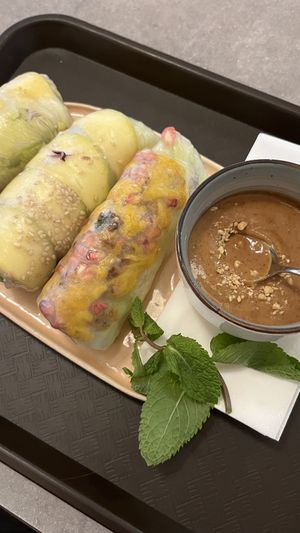 sommerrollen (2x avomango, 1x caulipower) mit erdnussdip  at Levi in Munich