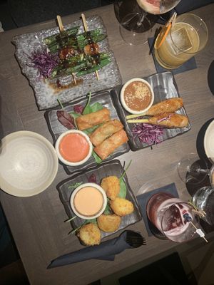 Okra Skewers, Jackfruit Skewers, “Cheese” Balls, Spring Rolls  at Citta Vegan Izakaya in Hamburg