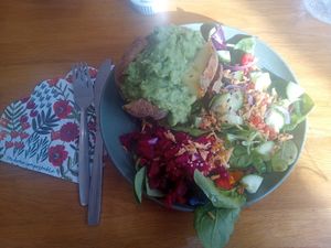Jacket potato with minted mushy peas! at Prosper in Ely