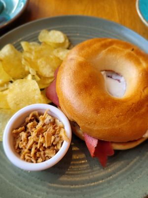 Pastrami and cream cheese bagel at Prosper in Ely