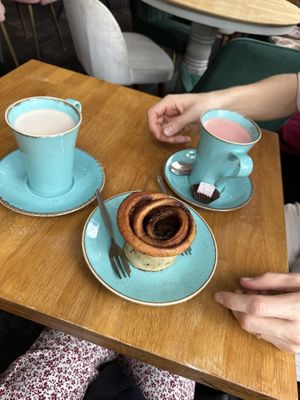 Lattes and cinnamon roll  at Prosper in Ely