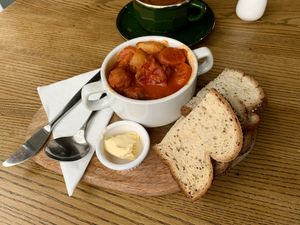 Spicy sausage stew & bread (gluten-free)  at Prosper in Ely