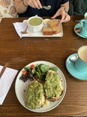 Baked potato w/ minted mushy peas (GF) & soup of the day  at Prosper in Ely