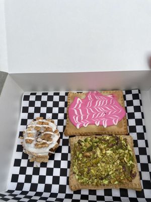 Pistachio and Strawberry Astrotarts; Cinnamon Crunch Mini-Donut 💕✨😜  at Cosmic Bakery  in Upland