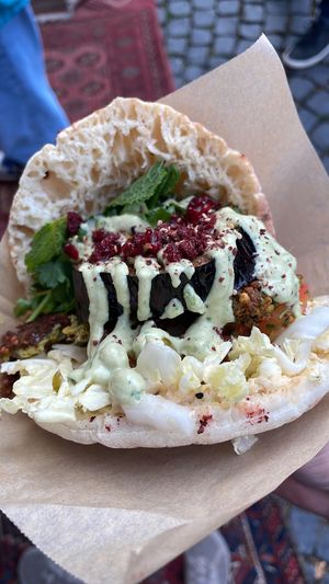 Grüne Sauce Falafel Sandwich with Aubergine  at Rashcook Falafel in Frankfurt