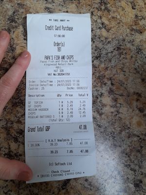 Others in the family had fish but can clearly see GF tofish labelled on the receipt at Papa's Fish and Chips in Whitby