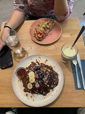 American pancakes with chocolate sauce and avocado bread   at Emmi's Kitchen - Schwabing in Munich