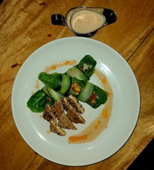 Salt and pepper Tofu with mango salsa and a satay coconut dressing at Big Apple Dive Resort in Puerto Galera