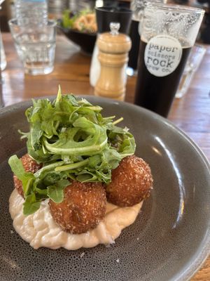 Pumpkin arancini with vegan aioli   at Paper Scissors Rock Brew Co in Halls Gap