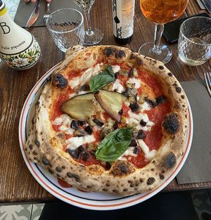 Vegan margherita with extra aubergine  at Basils in Brussels