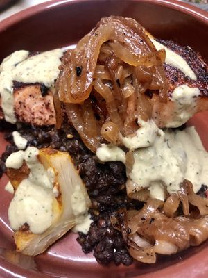 Black mujadah tofu Seasonal veggies caramelize onions and tahini at Saha in San Francisco