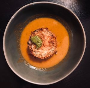 Wild mushroom knaffe with shredded phyllo, vegan cream cheese, coconut- chermoula-chipotle sauce (vegan) at Saha in San Francisco