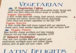 Vegetarian portion of menu  at Cabo's Mexican Grill & Cantina in Charlotte