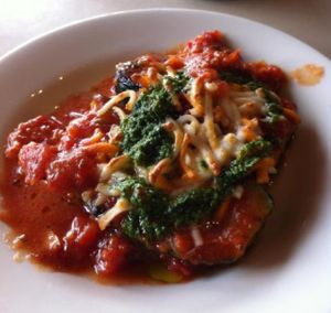 Baked eggplant with vegan cheese at Pasta Freska in Seattle