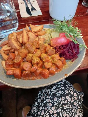 Really good currywurst. Not spicy as it says in the menu tho. Really big portion at Plevna in Tampere