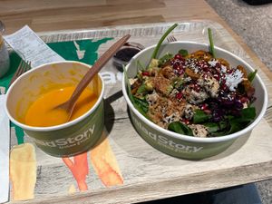 Pumpkin cream soup (coconut based, possibly vegan), vegan teriyaki salad. at WAW - Salad Story - Gate 32 in Warsaw