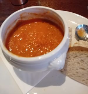 Roasted tomato & basil soup with toasted sourdough at Browns in Wilmslow