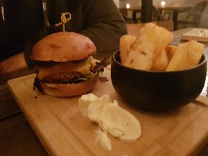 Cheezly burger and cassava fries at SOIL Vegan Café - East in Amsterdam
