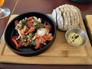 Chorizo with delicious sourdough at SOIL Vegan Café - East in Amsterdam