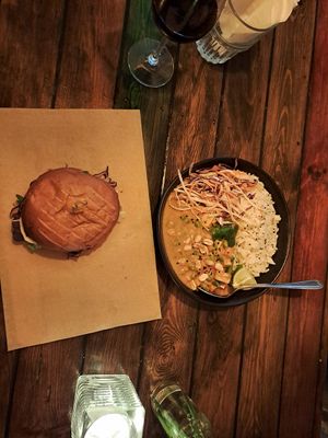 Peanut butter curry & Pulled pork burger at SOIL Vegan Café - East in Amsterdam