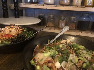 Kimchi fried rice and dragon noodles   at SOIL Vegan Café - East in Amsterdam