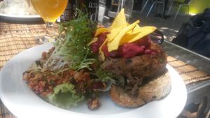 Yummy vegan burger! *** Kidney beans, red onion marmalade and beetroot guacamole on home made bread at The Green Room Cafe in Lisbon