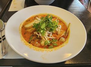 Vegan tom yum noodle soup at Enjoy Saigon in Bergen