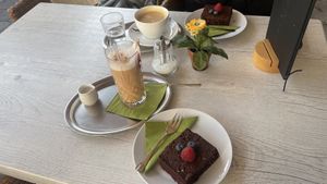 Vegan Brownies and Chai Latte with oat milk. Coffee crema    at Schlosscafe in Bad Mergentheim
