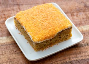 Carrot Cake: You-won't-believe-it's-vegan carrot cake with fresh ginger baked in and smooth "creamy" icing and roasted carrot crumble on top. at worldFLATS - Ridgewood in Ridgewood