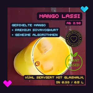 Mangooo Lassi - made of organic soy yoghurt and pixelized mango at tschüüüsch - plantpowered futurefood in Berlin