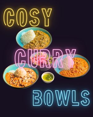 Your fav COSY CURRY BOWL with fluffy long rice 1️⃣🍛 Choose variation 2️🌟 Extras 3️⃣🥗 Sides 4️⃣💎 SweetDeal?  at tschüüüsch - Vriends & Cosy Comfort Food in Berlin