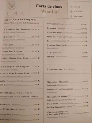 Wine list with vegan labeled wines at Alma in Cartagena