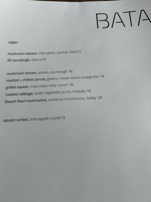 Vegan menu   at BATA in Tucson