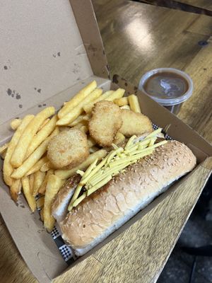 $19.99 snack box - Plant Based Chilli dog with vegan cheese and plant based nuggets   at 5 Dogs in Fortitude Valley