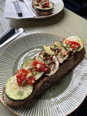 sourdough bread with grilled vegetables & pestoo  at Bij de Roos in Delft