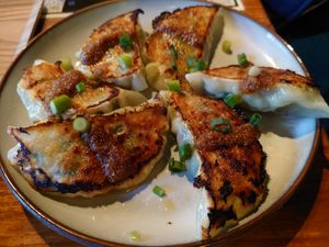 Six gyosa (apparently chives and tofu filling) 500 Yen at Soil Tables in Kamakura