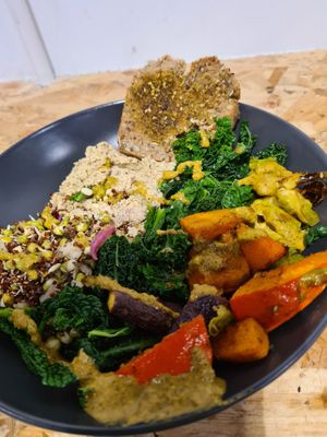 Hummus salad bowl, filling and delicious! at Daily Bowl in Exeter