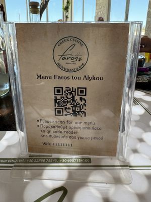This QR code is the menu. The garlic mushrooms were 👌  at Faros Villa in Naxos