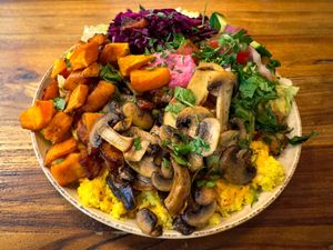 Sweetpotato Mushroom Plate with Couscous  at Csicseri Gozsdu in Budapest