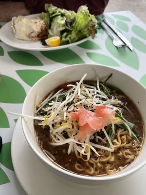 Vegan ramen and burrito which came with a mountain of plain lettuce leaves  at El Arbol in Santiago