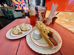 Empanadas and hot dog  at La Vegana in Buenos Aires