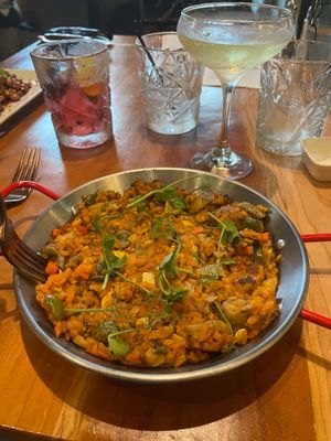 Artichoke Paella - mushy and greasy  at Agapi Bistro + Garden in Pensacola