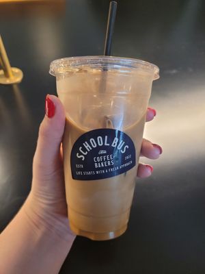 Iced Caramel Oat Milk Latte at School Bus Coffee Bakers in Kyoto