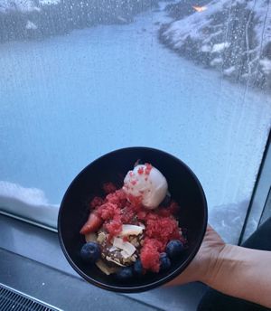 Vegan mousse (chocolate mousse and a scoop of coconut ice cream with strawberries and blueberries) with a view of the lagoon behind the window   at Lava Restaurant in Grindavik