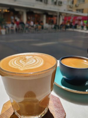 Flat white with oat milk and americano at Poka Coffee Roasters in Izmir