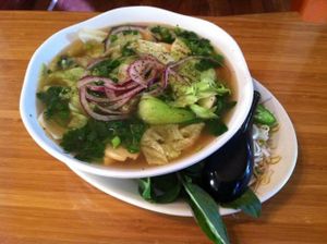 Pho noodle soup - Vegetable broth with star anise, ginger, and cinnamon poured over rice noodles. Topped with cilantro, red and green onions, a dash of black pepper, bean sprouts, lime, Thai basil, and jalapeno. at Oh Mai Vietnamese Sandwich Kitchen in South Salt Lake
