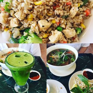 fried rice , green goddess juice and the pho soup  at Lotus Vegan Restaurant in Pinellas Park