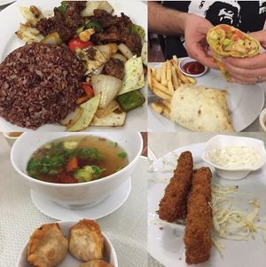 Kung pao beef, a wrap, wonton soup and cheese sticks! at Lotus Vegan Restaurant in Pinellas Park