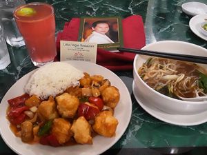 Sweet & sour tofu with mushrooms, yellow & red peppers, pineapple, onion, rice. Rice noodle soup... Spring rolls... at Lotus Vegan Restaurant in Pinellas Park