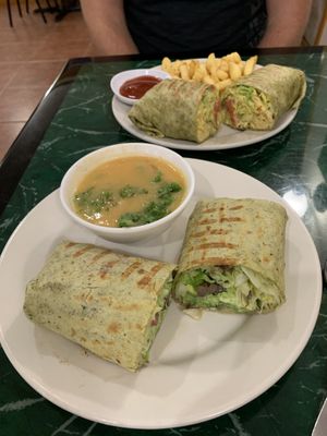 Portobello wrap with kale soup and the just egg wrap with fries at Lotus Vegan Restaurant in Pinellas Park